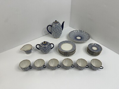 ロモノーソフ LOMONOSOV コバルトネット ポット クリーマー セット Lomonosov Imperial Russian Porcelain COBALT NET Tea Set Coffee (22
