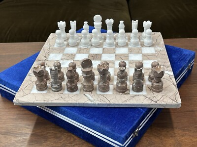 16'' Square Teak & White Marble Chess Set with 32 pcs and Velvet Gift Box