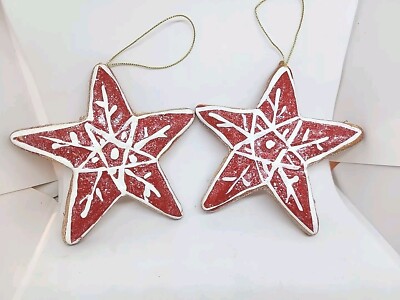 GIngerbread Snowflake Star cookie Tree Sparkle ornaments Set Of 2 Glittery Red 