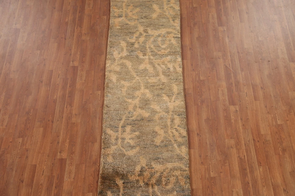 Nature Print Green Moroccan Modern Hand-made Oriental Runner Rug 2' 7" x 9' 9" - Image 3 of 4
