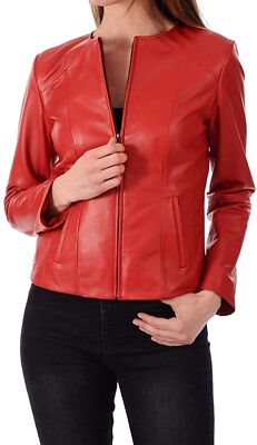 DESIGNER New Women's Red Round Neck Leather Jacket Soft Style Slim Fit Jacket