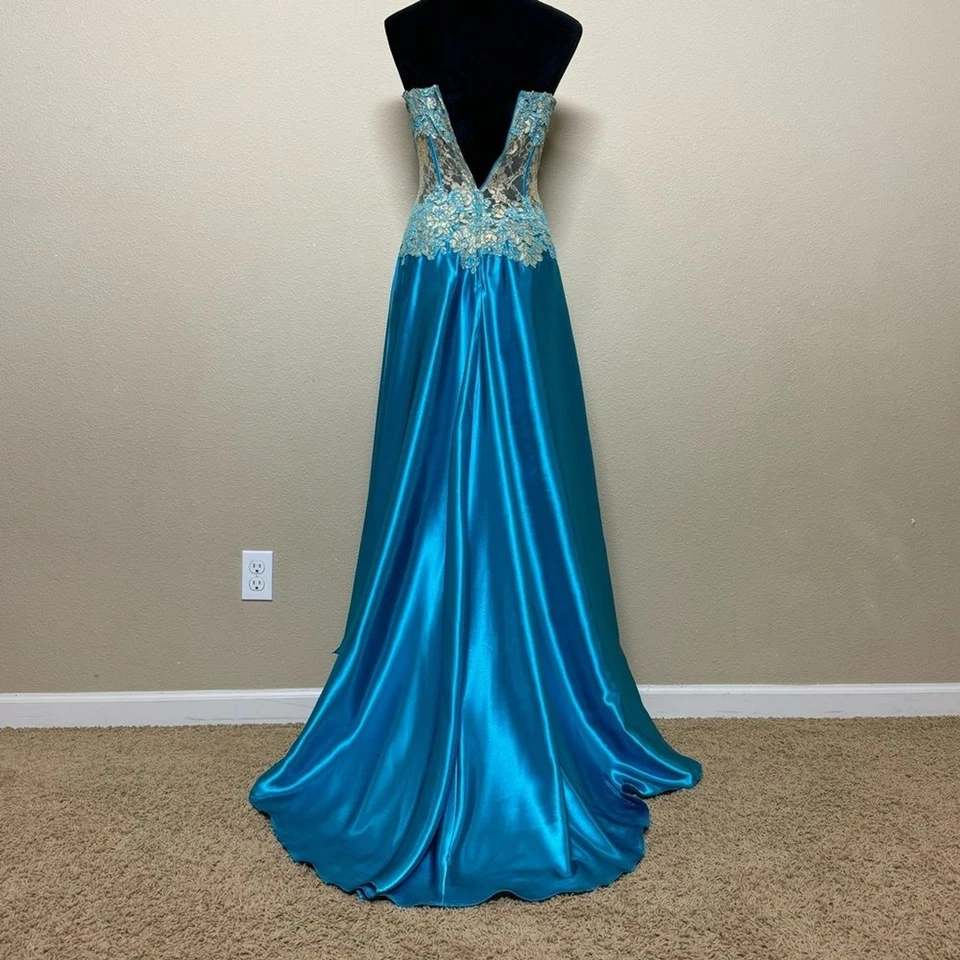 Jovani Vestido Mujer 2 Sin Tirantes Transparente Encaje y Satén Hasta el Suelo Baile de graduación Vestido Azul Foto 2 de 4