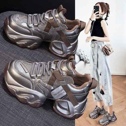 Sneakers donna glitter traspiranti plateau stivali zeppa nascosta scarpe punk chic - Foto 2 di 21