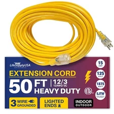 50ft Power Outdoor Extension Cord & Indoor - Waterproof Electric Drop Cord Cable