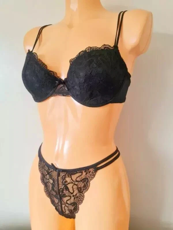 E-vie JUEGO SUJETADOR Y TANGA NEGRO ENCAJE ACOLCHADO MOLDEADO TAZAS CON AROS UK 38C 14-16 NUEVO Foto 3 de 4