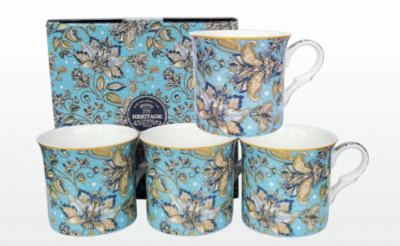 Blue Tassen 4er Set Knochen China blau & gold Blumenmuster Design verpackt Becher
