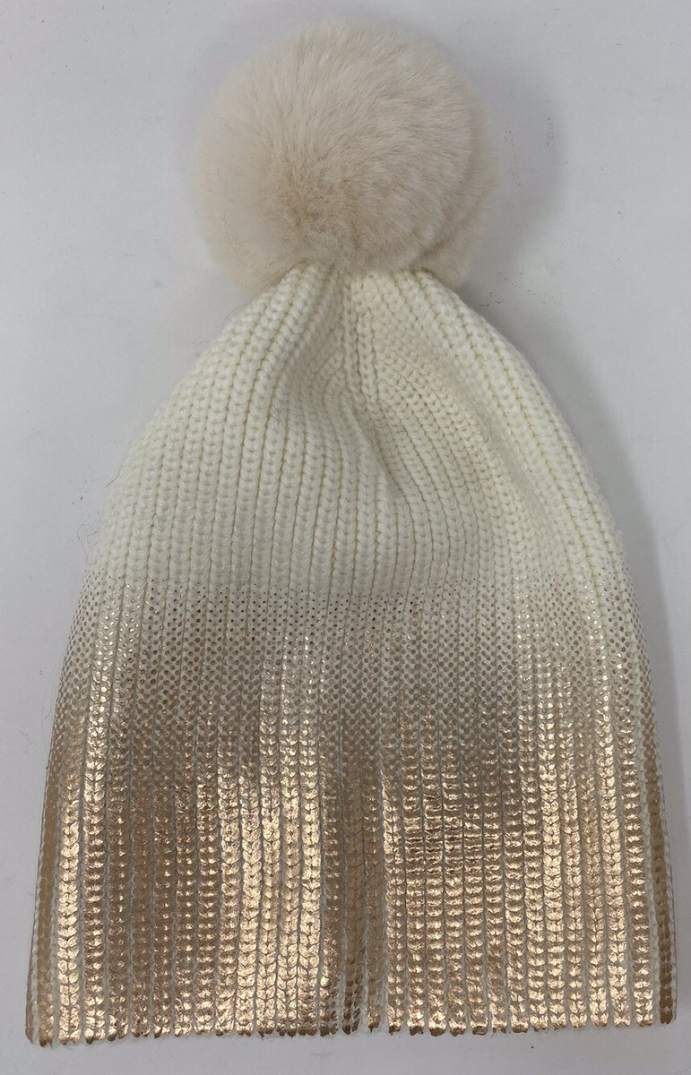 Jocelyn Ivory/Gold Metallic Faux Fur Beanie Winter Hat One 