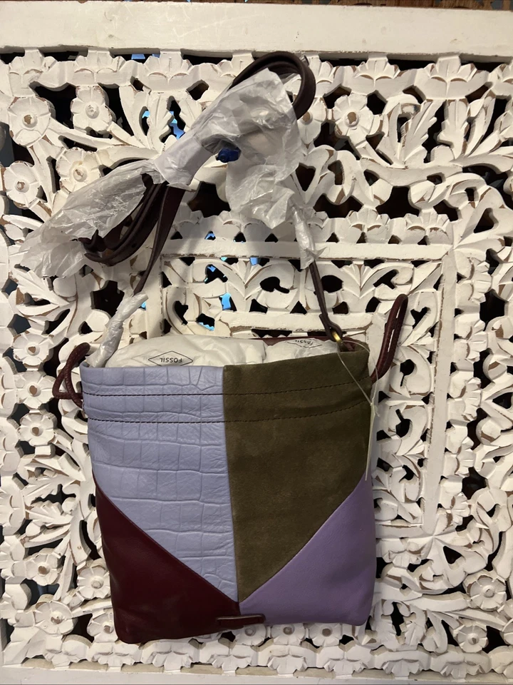 Fossil GiGi Drawstring Cross Body Patchwork Purse Leather and Suede Purple NEW - Image 2 of 4