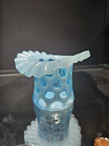 Vintage Fenton Blue Opalescent Coin Dot Hat Vase - Candy Ribbon Edge Beautiful