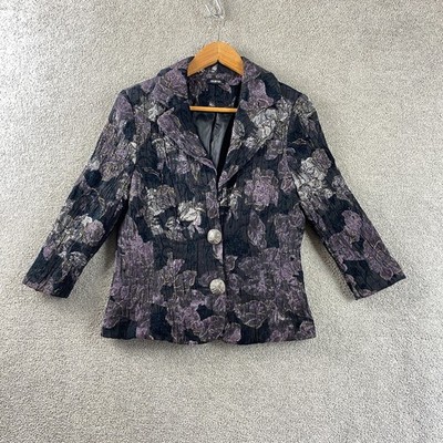 Dolina Textured Floral Jacket 14 Black Purple Gold Jacquard Button Formal