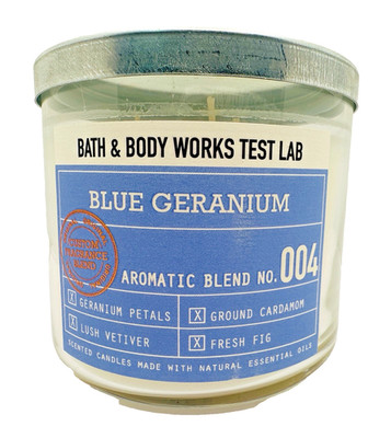 Bath & Body Works Test Lab Blue Geranium Aromatic Blend #004 3 Wick Candle
