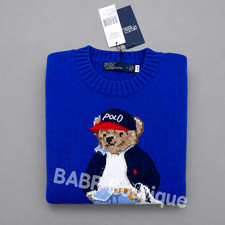 POLO RALPH LAUREN Bear Tote Bag Sweater Blue Crewneck Cotton Women s Size L- NWT