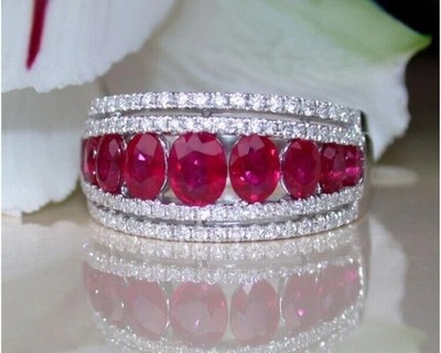 Lab-Created Ruby 3Ct Oval Cut Women Stackable Wedding Band 14K White Gold Plated