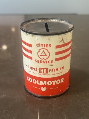 Vintage metal Tin Litho CITIES SERVICE KOOLMOTOR Motor Oil 3'' COIN BANK