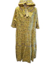 70s Prairie Calico Floral Maxi Pioneer Dress Bonnet Yellow Cottagecore L XL