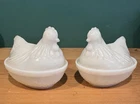 2 Hazel Atlas Hen On A Nest White Milk Glass Lidded Butter Dishes - Vintage