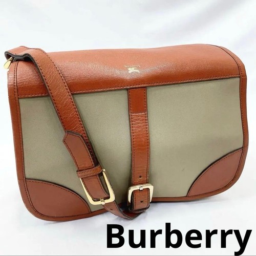 Burberrys Vintage Messenger Shoulder Bag Khaki Canvas Leather Horse
