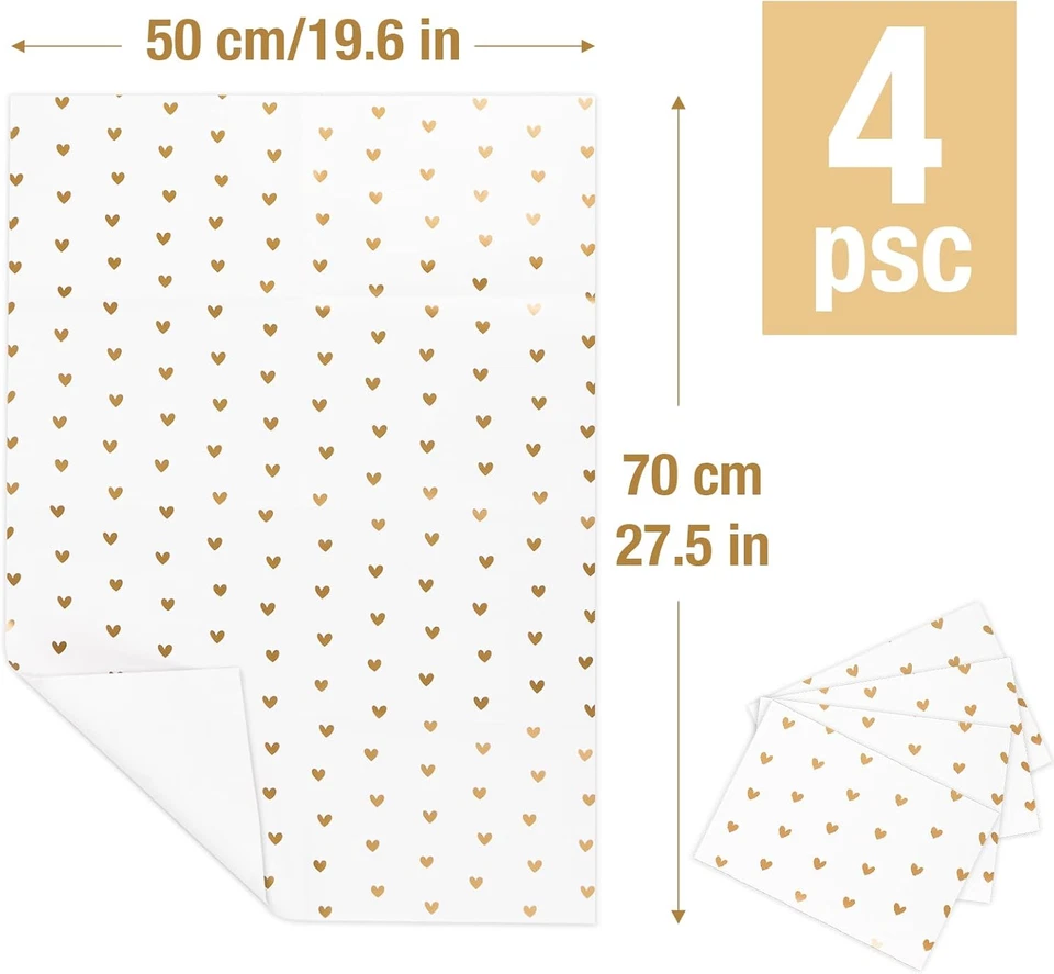 4 Fogli Carta Regalo Cuore Dorati Carta Bianco Decorativa Da Imballaggio Decoraz - Immagine 2 di 4