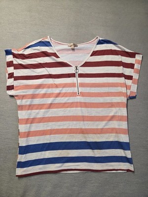 Lavish T Shirt Womens Sz XL Multicolor Striped Short Sleeve Zipper V Neck Top