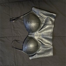 Black Faux Leather Corset Bustier Top Adjustable Strap Zipper Size S