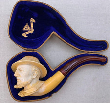 Antica pipa intagliata WDC William Demuth Meerschaum con custodia uomo barbuto con cappello