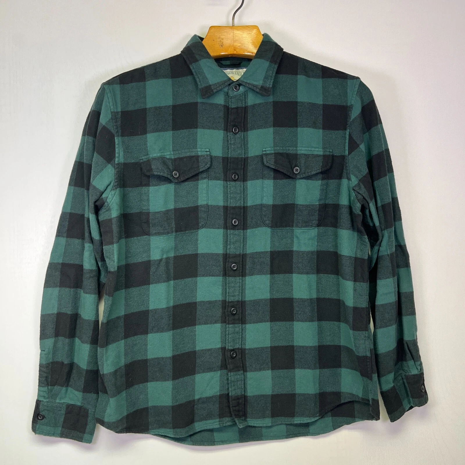 American Eagle Flannel Button Up Shirt Long Sleeve Green Black Plaid Mens Large