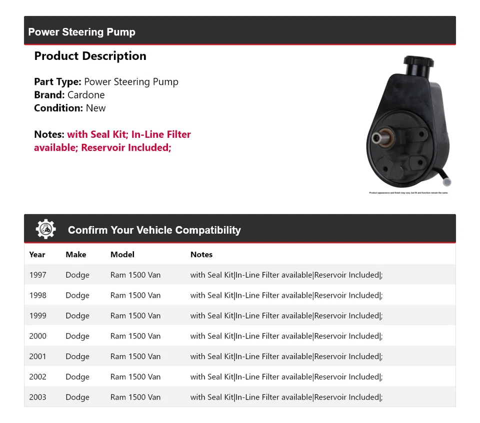 Bomba de dirección asistida Cardone para camioneta Dodge Ram 1500 1997-2003 1998 1999 2000 2001 Foto 2 de 4