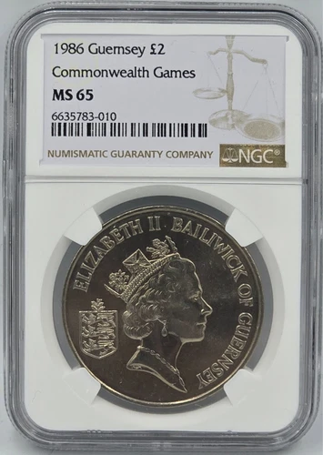 1986 GUERNSEY £2 COMMONWEALTH GAMES, NGC MS 65 TOP UNC