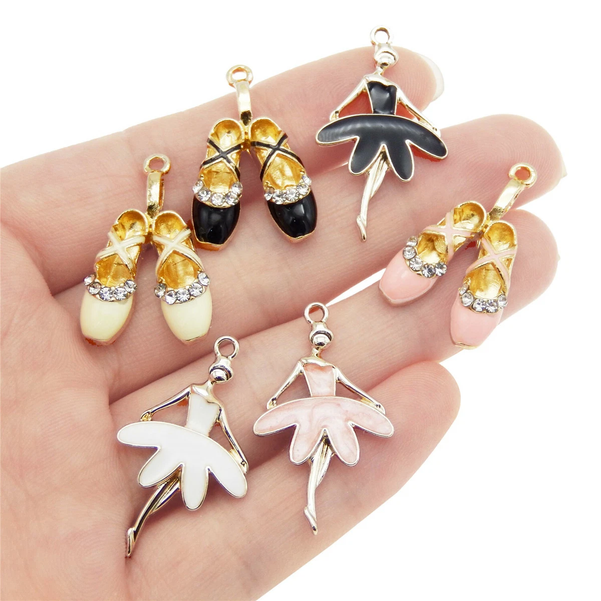 6 pcs Enamel Crystal Ballerina Ballet Shoes Pendants Jewelry