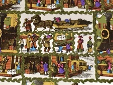 VTG CHRISTMAS WRAPPING PAPER GIFT WRAP NOS VICTORIAN TRAIN DEPOT TREE SLED