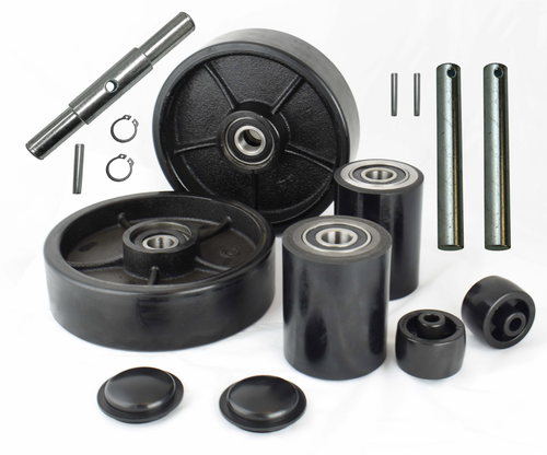 Pallet Jack/Truck Poly Wheels Full Set with Axles, Bearings, Entry Rollers, Caps - Picture 1 of 9