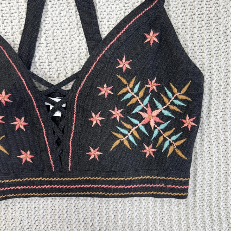 American Eagle Cropped Halter Tank Top S Laces Embroidered Smocked Boho Festival - Image 2 of 4