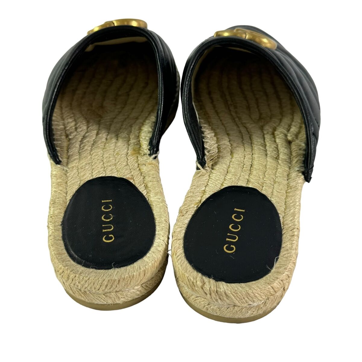 GUCCI 551881 Black Leather GG Marmont Espadrilles Mules GUCCI 551881 Black Leather GG Marmont Espadrilles Mules
