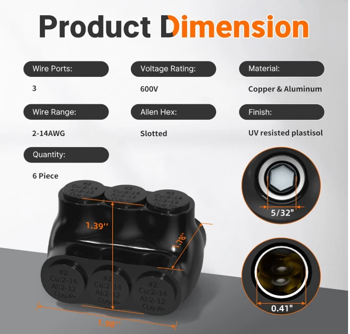 Pack of 6, 3 Port Insulated Multi-Tap Wire Connector 2-14 AWG Dual Entry, 600V. - Image 3 of 4