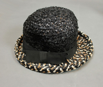 Raffia Bowler Hat S 6 3/4 Vintage 60s Black White Brown 