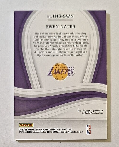 2022-23 Panini Immaculate Heralded Signatures #SWN Swen Nater Auto Lakers - Picture 3 of 3