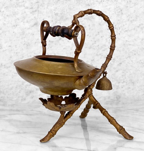Vintage Chinese Brass Faux Bamboo Tripod Teapot Kettle Warmer - Picture 4 of 11