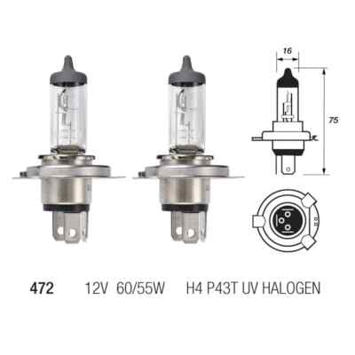 2 x H4 472 Halogen Car Headlight Headlamp Bulb Dipped Full Beam 12v 60/55w P43T
