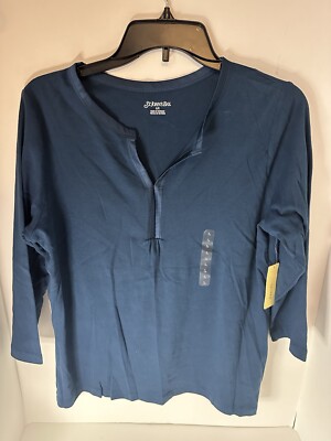 Womens St. John Bay L long sleeved shirt 3/4 sleeves teal v neck satin strim
