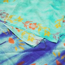 Vintage Blue Green Saree Pure Crepe Silk Printed Indian Sari Fabric 5yd Sewing