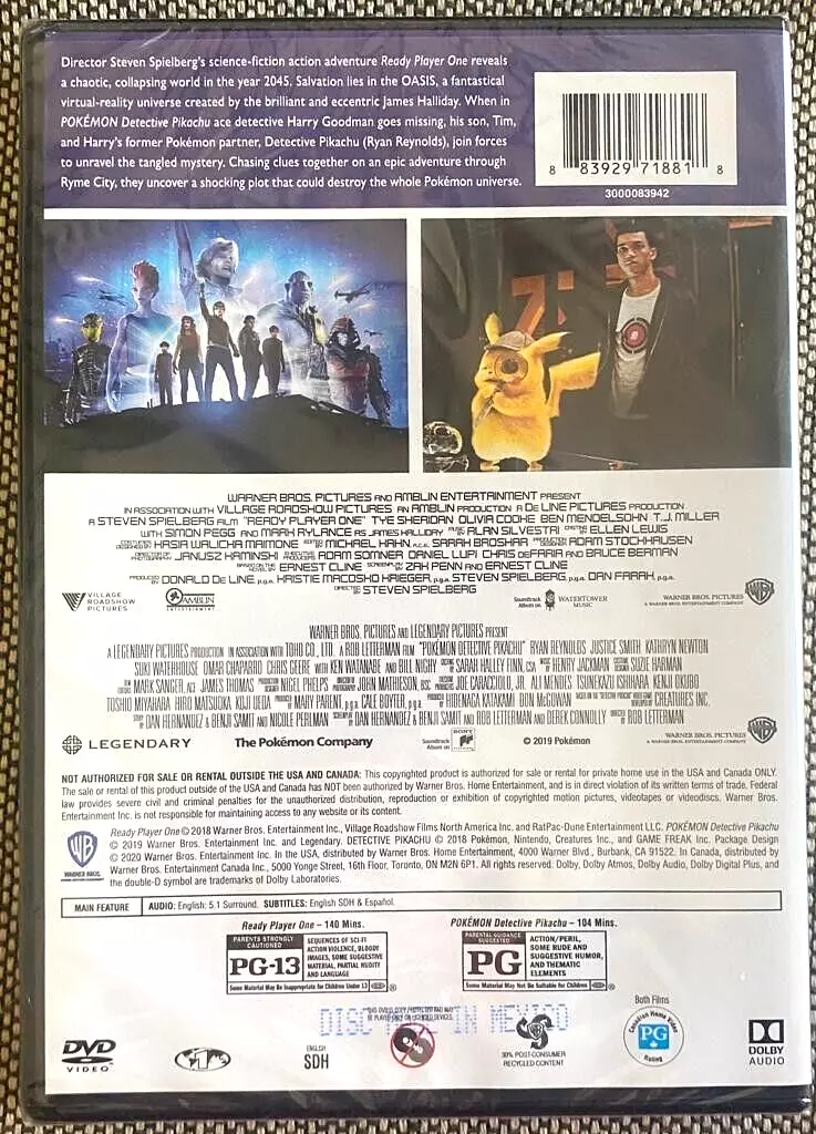 2 Film Collection: Ready Player One, Pokemon Detective Pikachu (DVD)