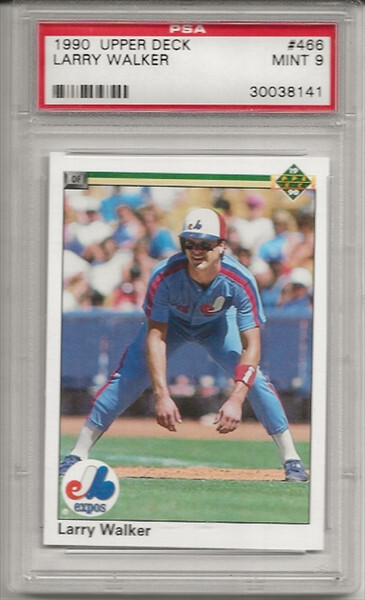 1990 UPPER DECK #466 LARRY WALKER, PSA 9 MINT, ROOKIE, RC, HOF, MONTREAL EXPOS