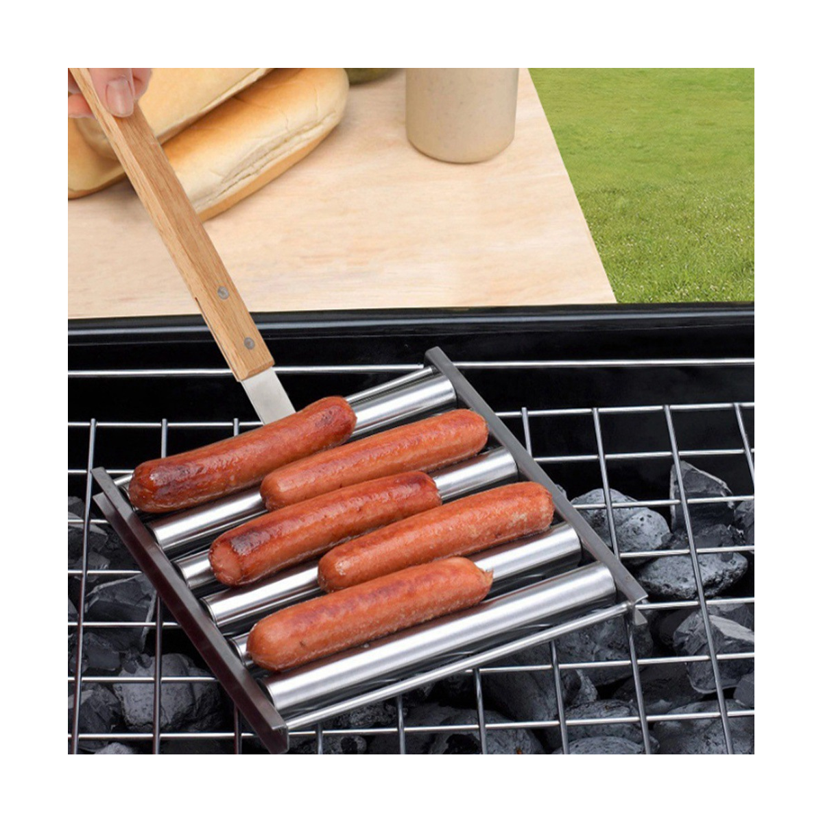 1X(Hotdog Roller Grillers BBQ Tools Hot Dog Roller with Extra Long Wood