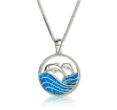 Blue Opalesque DOLPHINS 1'' Pendant Necklace with 18'' Chain (#54)