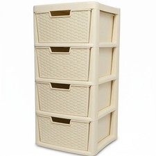 Large 4 Drawer Rattan Storage Unit Cream Plastic Cabinet Tower Bathroom Bedroom