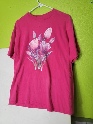 Vintage Single Stitch Shirt Womens Pink Flowers Tulips Hanes 1980s Made In USA
