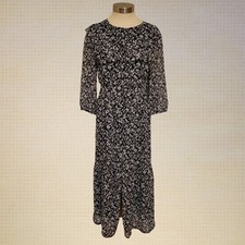 Boho 2000s Loft Floral Ruffle Prairie Midi Dress Sheer Sleeves Sz M Black White