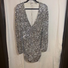 Fashion Nova L sequin dress  party ballon sleeves deep v neck