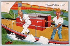 Vintage E C Kropp Comic Postcard Great Fishing Here Boat Men USA Unused Humor