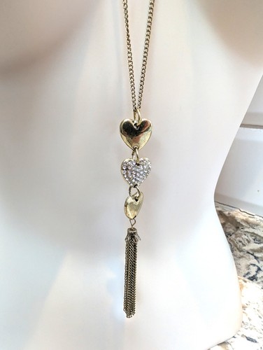 Gold Tone Heart Pendant Necklace with Rhinestones & Tassel Drop 75cm Long